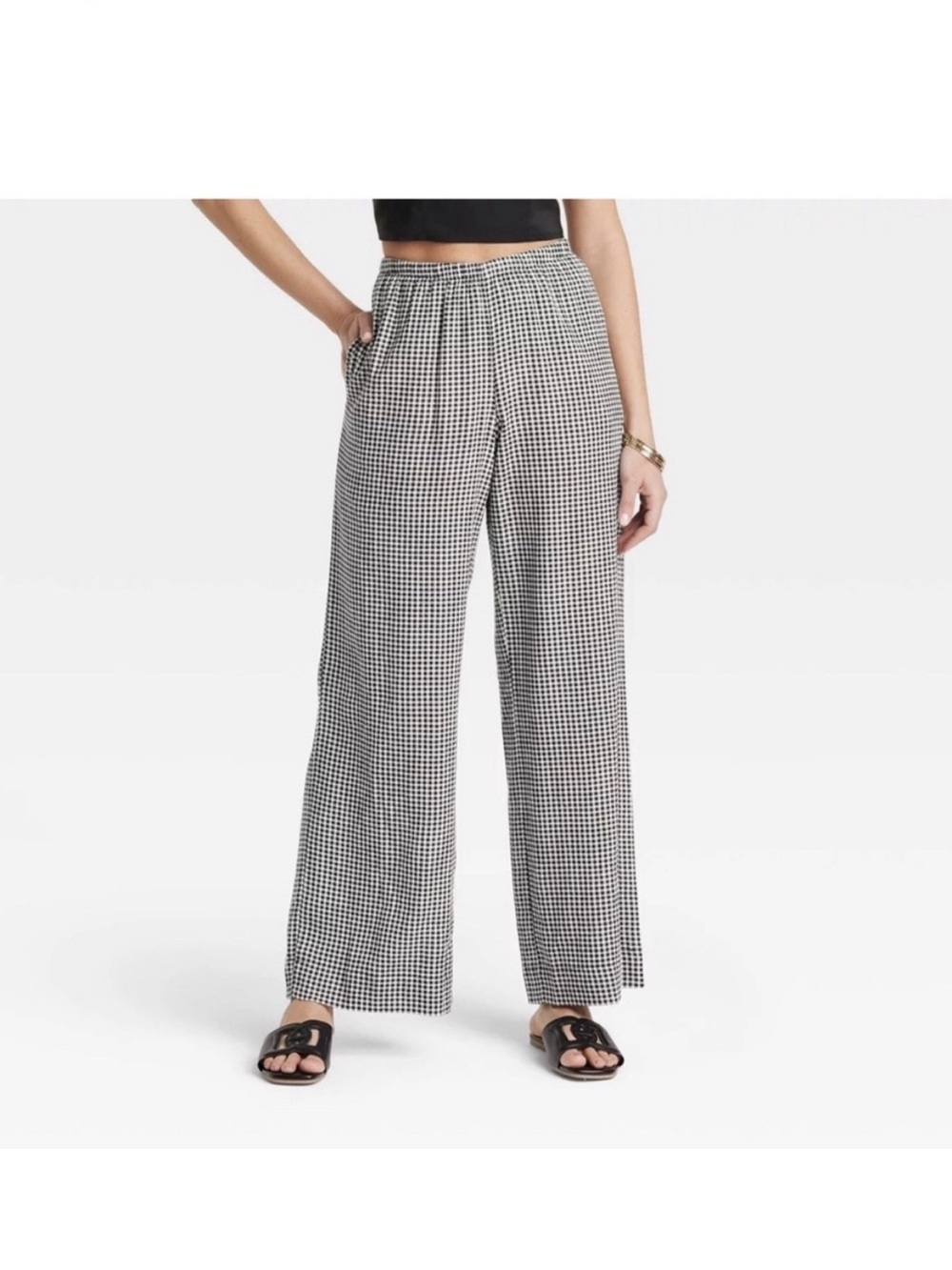 a new day Gingham Linen Blend Wide Leg Pull On Casual Pants in Black & White